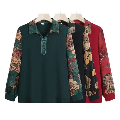 Red Lapel T-Shirt with Printed Sleeves for Women