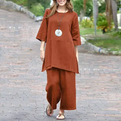 2023 Women's Cotton Linen Long Sleeve Pants Set Large