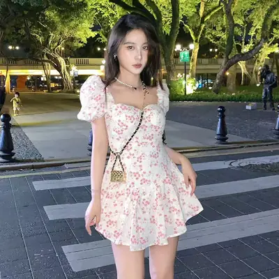 French Style Puff Sleeve Floral Dress Women Summer