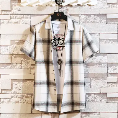 2023 Men's Black Plaid Short Sleeve Shirt