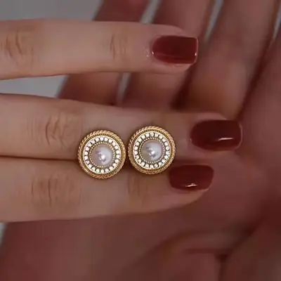 French Retro Pearl Earrings with Compass Design