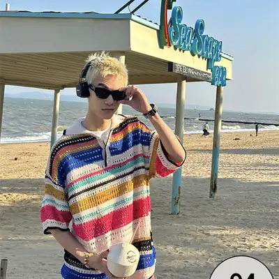 Retro Color Striped Hollow Knit Shirt for Men