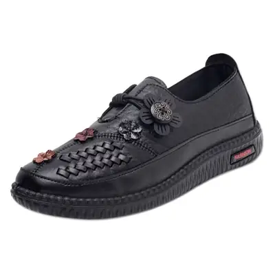 Women's Slip-on Leather Shoes with Decorative Flower Design