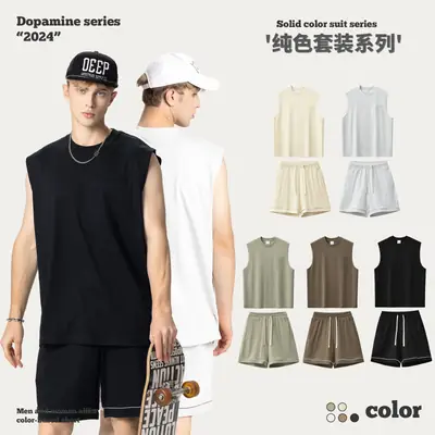 Men's 3-Pc Cotton Vest & Shorts Set Summer Solid Colors
