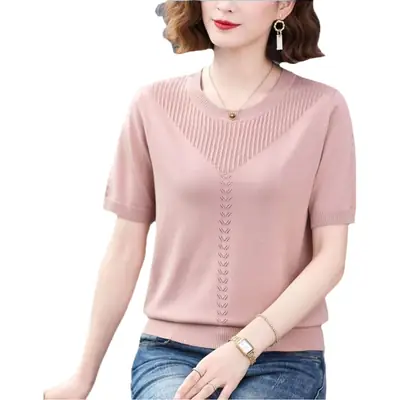Women Summer Hollow Ice Silk T-Shirt Blue Round Neck