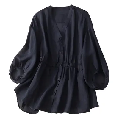 Women V-Neck Linen Shirt Black Slimming Loose Fit