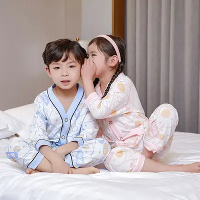 Children's spring and summer cotton home clothing suit big children's V-neck cardigan pajamas men's and women's treasure air conditioning clothing a generation of hair