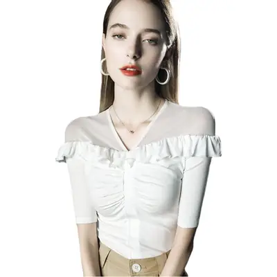 Western-style ruffled top micro-transparent mesh half sleeve black
