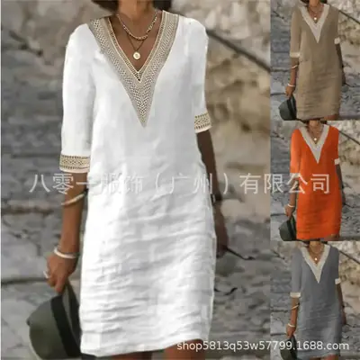 2023 V-Neck Cotton Linen Dress Orange Women