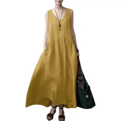 Women's Sleeveless Loose Pleated Summer Dress Solid Color