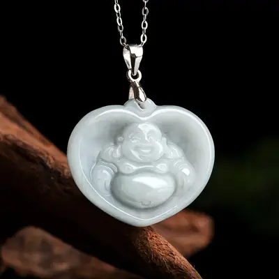 Natural Burmese Jade Heart Buddha Pendant S925 Silver