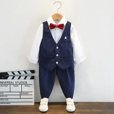 Boy's Pinstripe Suit Red Bow Tie Wedding Wear