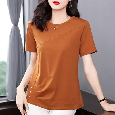 Women Pink V-Neck T-Shirt 2023 Summer Loose Fit