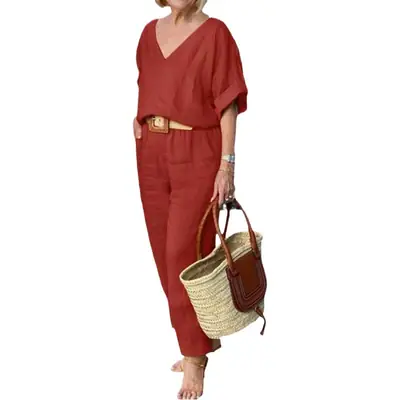 Women's Green V-Neck Loose Suit Spring Summer