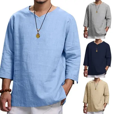 Men Navy V-Neck Pullover T-Shirt Casual Loose Fit