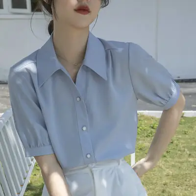 Women French Style Chiffon Blouse Short Sleeve White