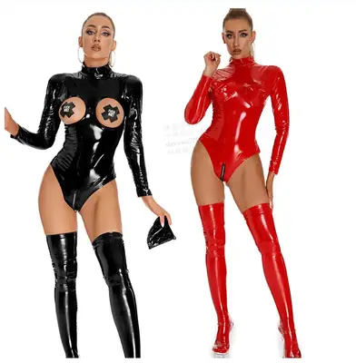 Punk Crotchless Patent Leather Breast Revealing Bondage Bodysuit