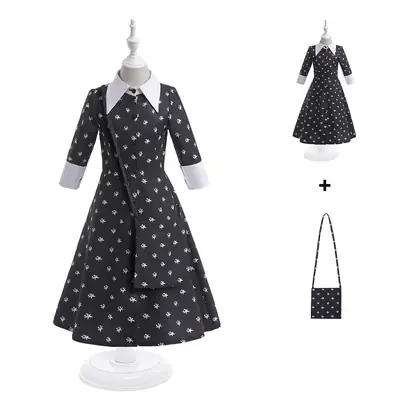 Black Printed Cosplay Dress for Girls Wednesday School Uniform
