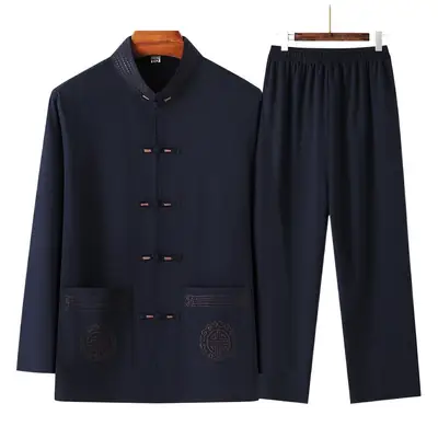 Men Chinese Style Ice Silk Suit Dark Blue Buttoned Hanfu