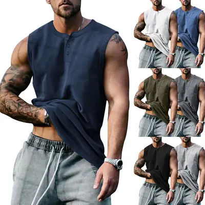 Men's Black Buckle Sleeveless T-Shirt Plus Size