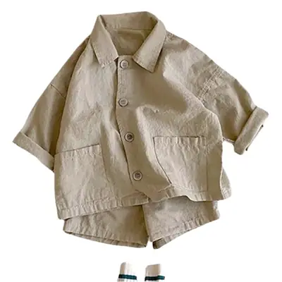 Kids Summer Suit Beige Collar Shirt Shorts Set