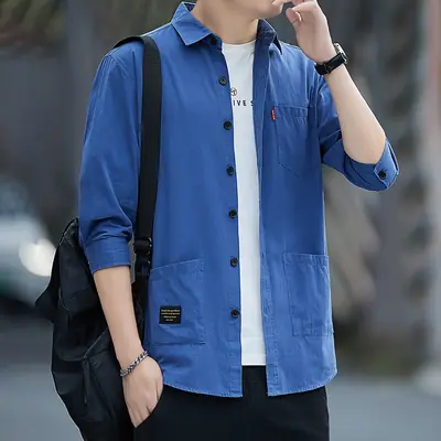 Men Blue Cotton Mid-Sleeve Shirt Casual All-Match