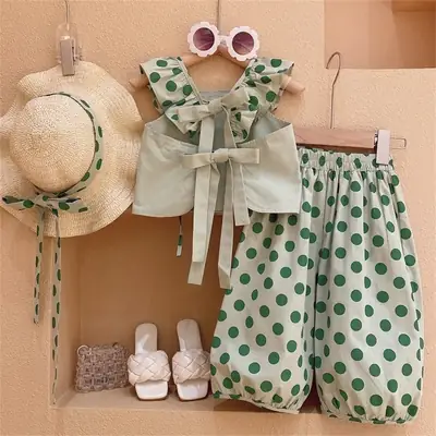 Girls Sleeveless Polka Dot Suit 2024