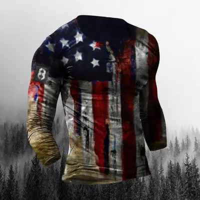 Maroon Long Sleeve Men's T-Shirt with Collar Print