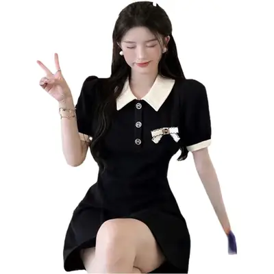 Black Korean Style Preppy Skirt Dress with Polo Collar
