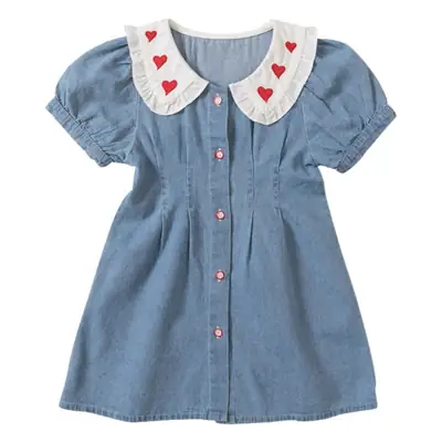 Girls Denim Skirt Blue Heart Collar Medium Small