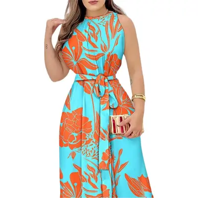 2023 Printed Crew Neck Long Dress Women Orange Blue
