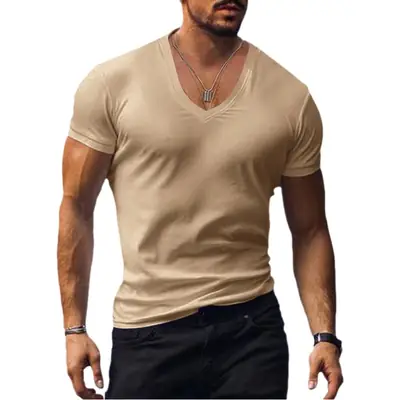 Men V-Neck Pure Color Slim T-Shirt Summer