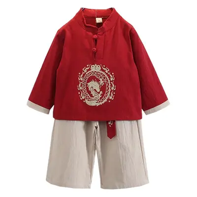 Boys Long Sleeve Tang Suit Set Chinese Dragon Embroidery Tan