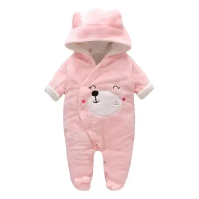 Pink Cartoon Bear Velvet Fleece Baby Hooded Jumpsuit
