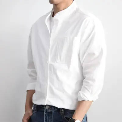 Men's Grey Linen Button-Up Shirt with Chest Pocket