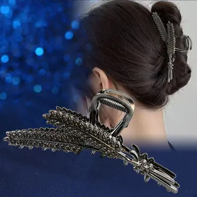 Large Rhinestone Hair Clip for Women, Feather Design