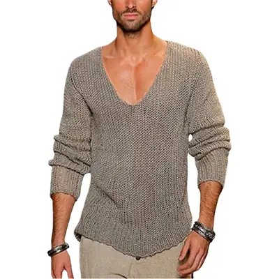 Men's Green Knitted V Neck Long Sleeve Pullover Large