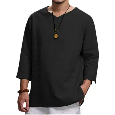 Men V-Neck Cotton T-Shirt Black Large