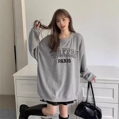 Women's Grey Oversized Sweatshirt Paris Print Long Sleeve