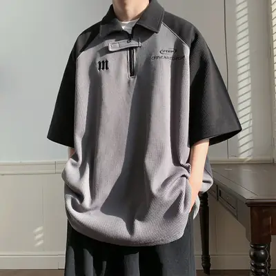 Men's Grey Black Waffle Polo Shirt Loose Summer
