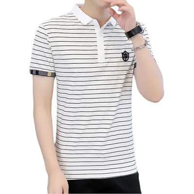 Men Striped Cotton T-Shirt Black White Short Sleeve