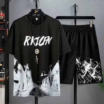 Men Black Graphic T-Shirt & Shorts Set