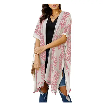 Women's Blue White Printed Cardigan Tassel Mid Length