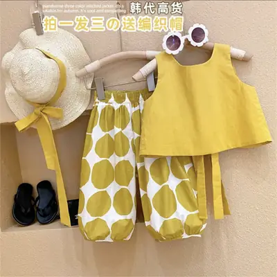 Girls Korean Pastoral Backless Vests Polka Dot Bloomers Set