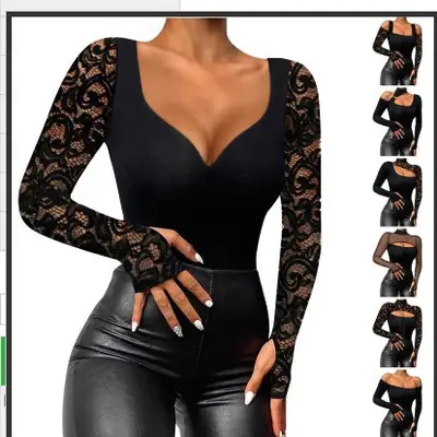 Black Lace Long Sleeve T-Shirt with High Waist Pants