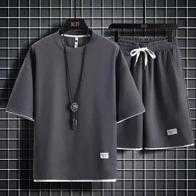 Men Black Casual Shorts Set Summer Ice Sense Loose Fit