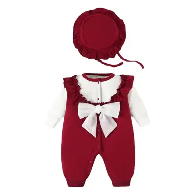 Baby Red Velvet Jumpsuit with Bow & Hat Set