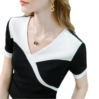 Women Cotton V-Neck T-Shirt Black White Summer 2023