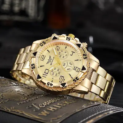 Men's Gold Chronograph Watch with 3-Eye Dial & Quartz Movement