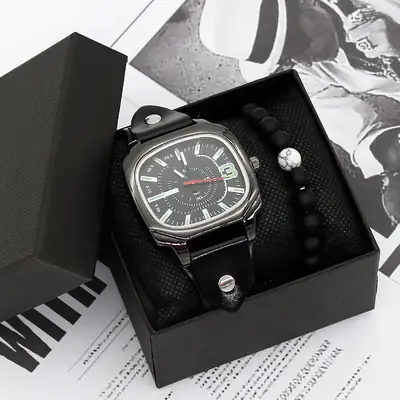 Men's Green Quartz Watch Set with Bracelet